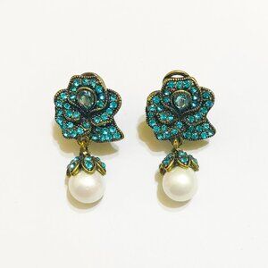 Heidi Daus Flower Pearl Blue Crystal Dangle Earrings